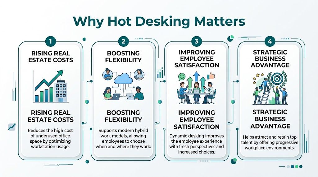 An infographic titled Why Hot Desking Matters explaining four key benefits for modern hybrid workplaces.