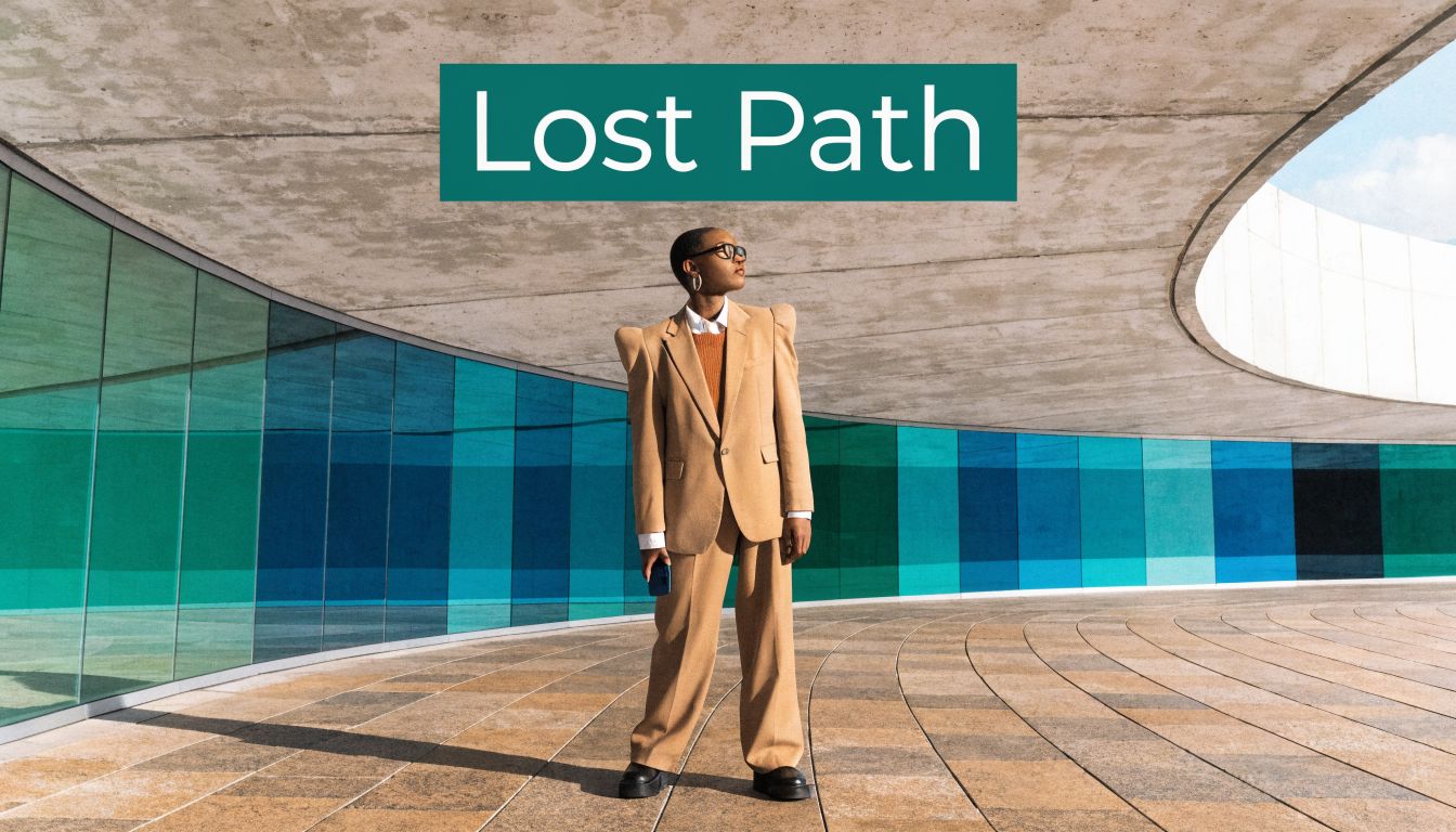 A person in a camel-colored suit standing in a modern architectural space with blue glass walls.