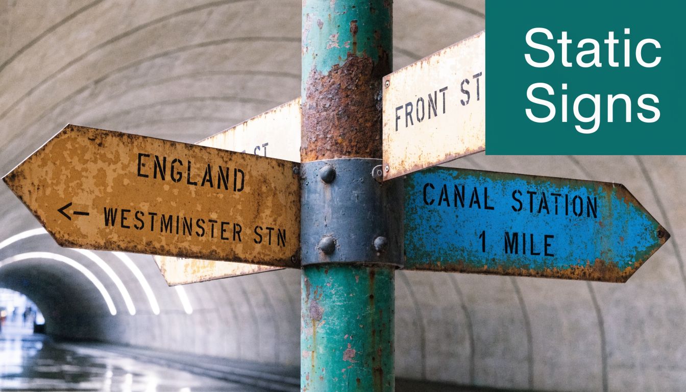 A rusty multi-directional signpost inside a concrete tunnel showing various location names and directions.