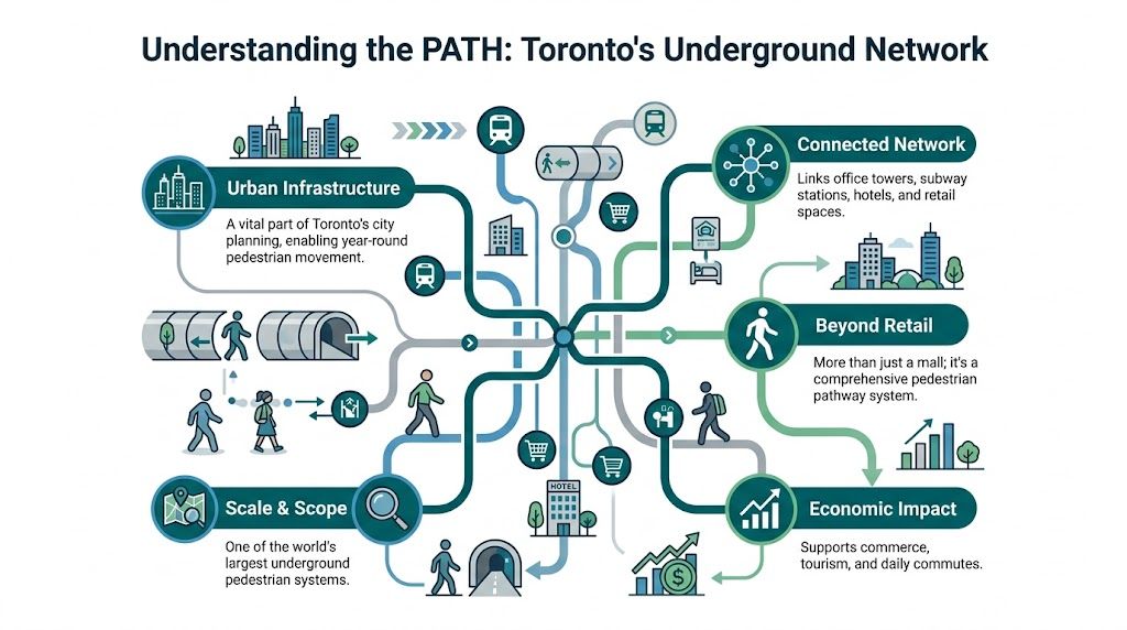 An infographic diagram explaining Toronto's PATH, a large underground pedestrian walkway network connecting city infrastructure.