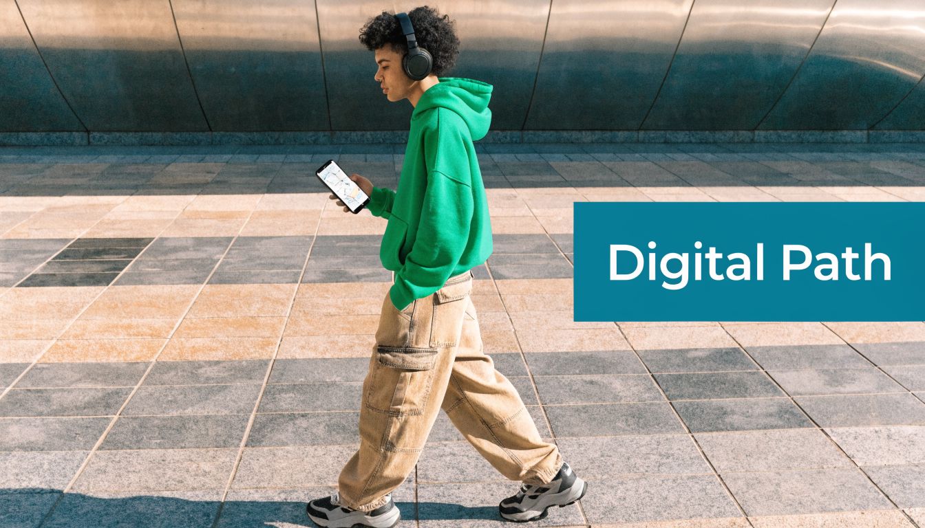 A young man wearing headphones and a green hoodie walking while looking at his smartphone outdoors.