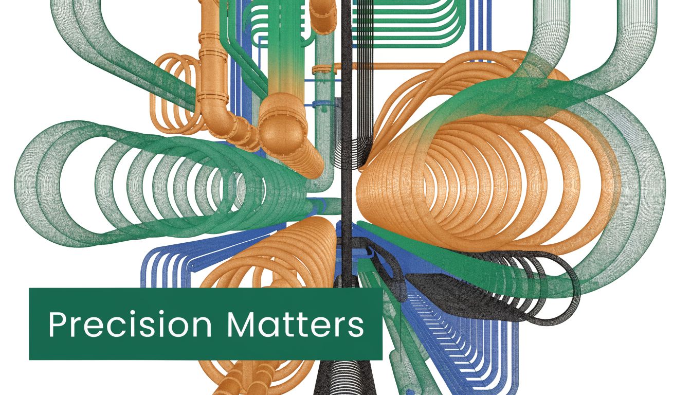 A complex 3D digital visualization showing intricate interconnected pipes and coiled structures in green, orange, and blue.