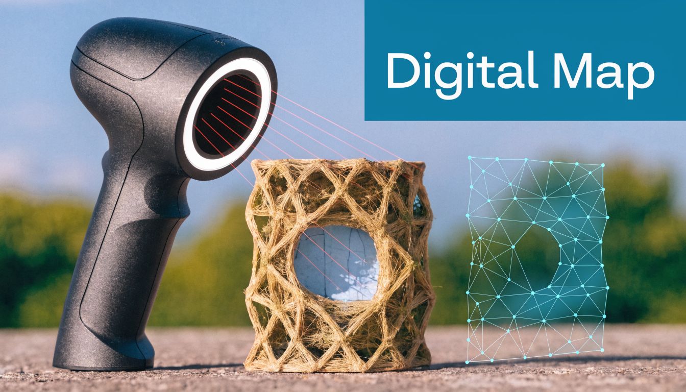 A handheld 3D laser scanner creating a digital map of an intricate woven cylindrical object outdoors.