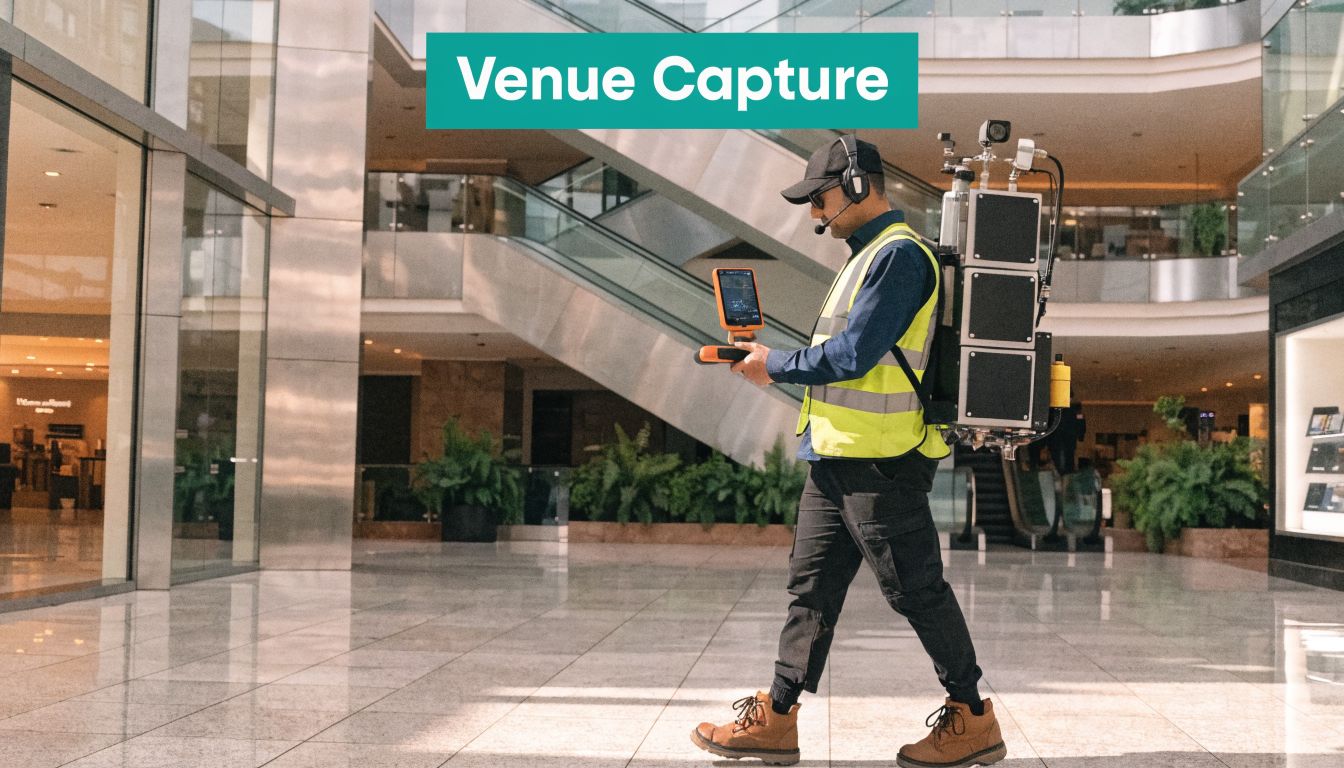 A technician wearing a backpack LiDAR scanner walks through a modern shopping mall to map the interior.