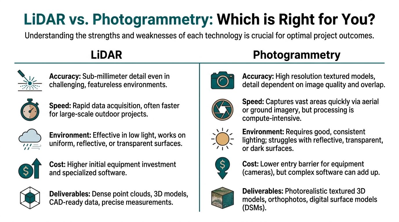A comparison chart highlighting the key differences between LiDAR technology and photogrammetry for 3D scanning projects.
