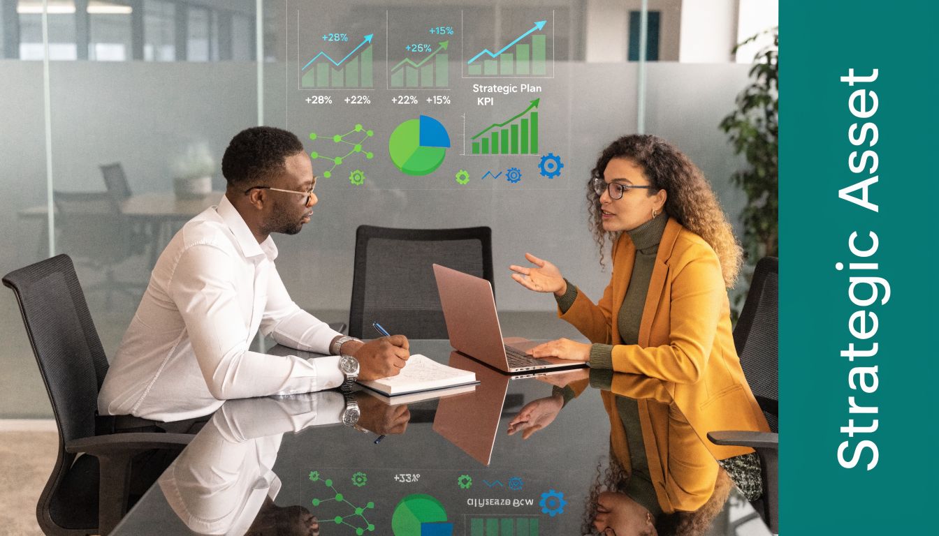 A professional man and woman discussing business strategy using a laptop in a modern corporate meeting room.