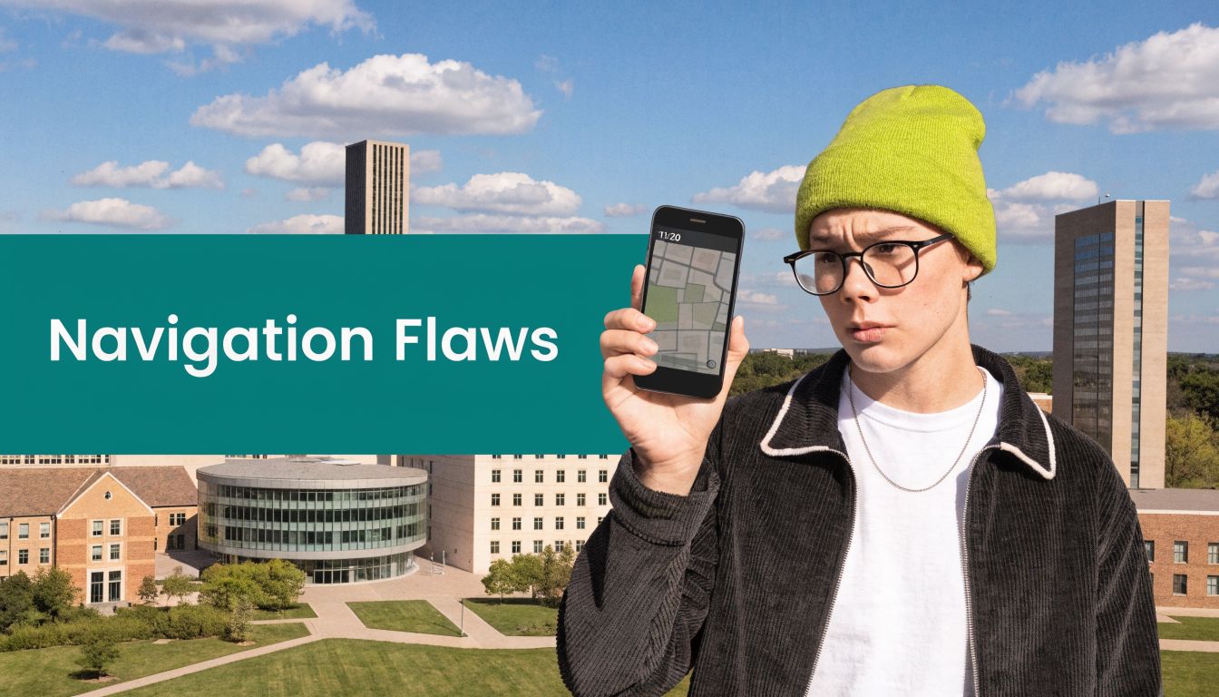 A confused student holding a smartphone with an interactive campus map on a sunny university day.