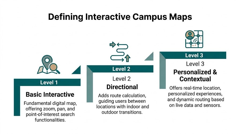 A diagram illustrating three levels of interactive campus maps, from basic navigation to personalized contextual experiences.