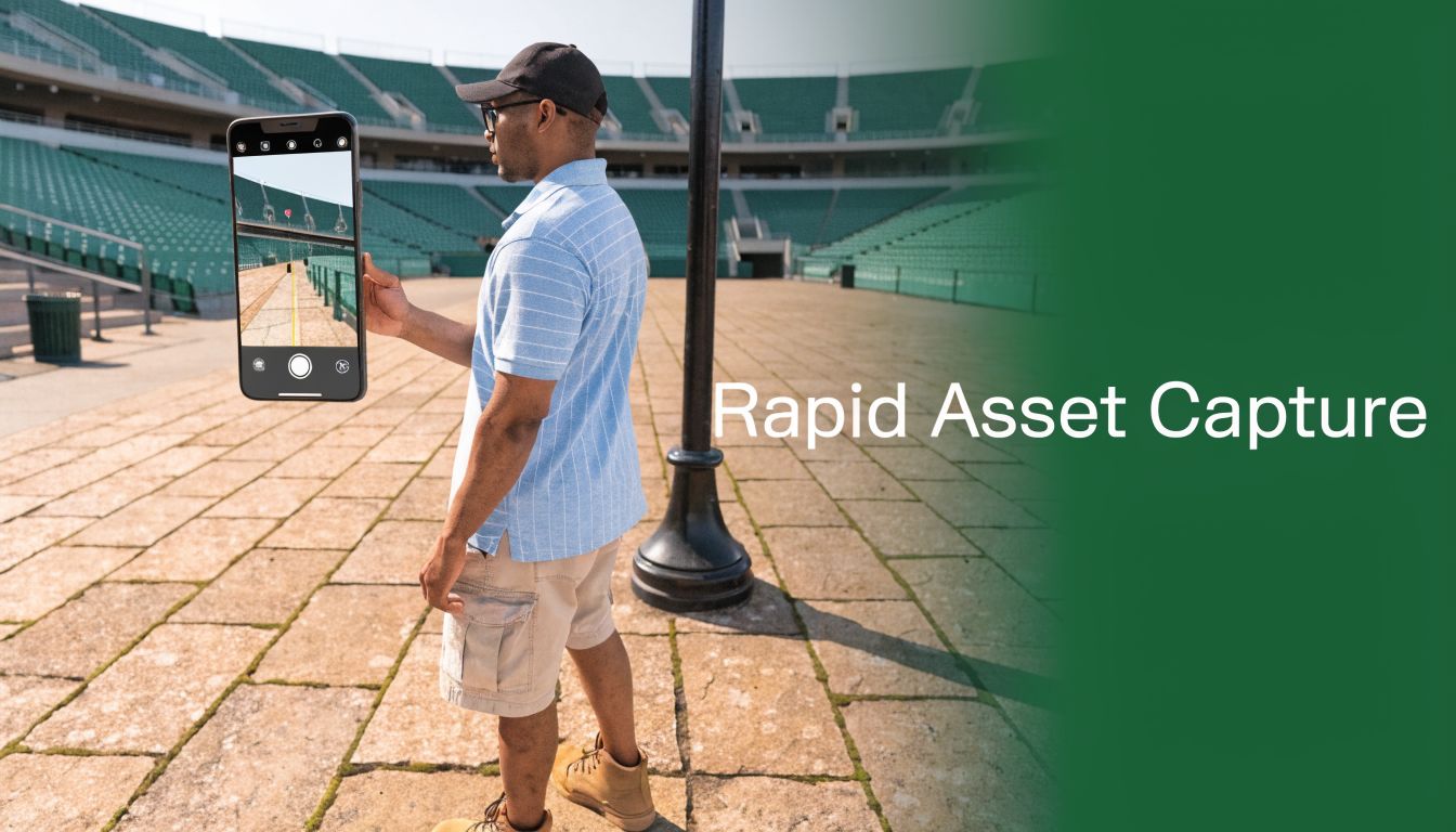 A person using a smartphone to perform a rapid asset capture of an outdoor stadium seating area.