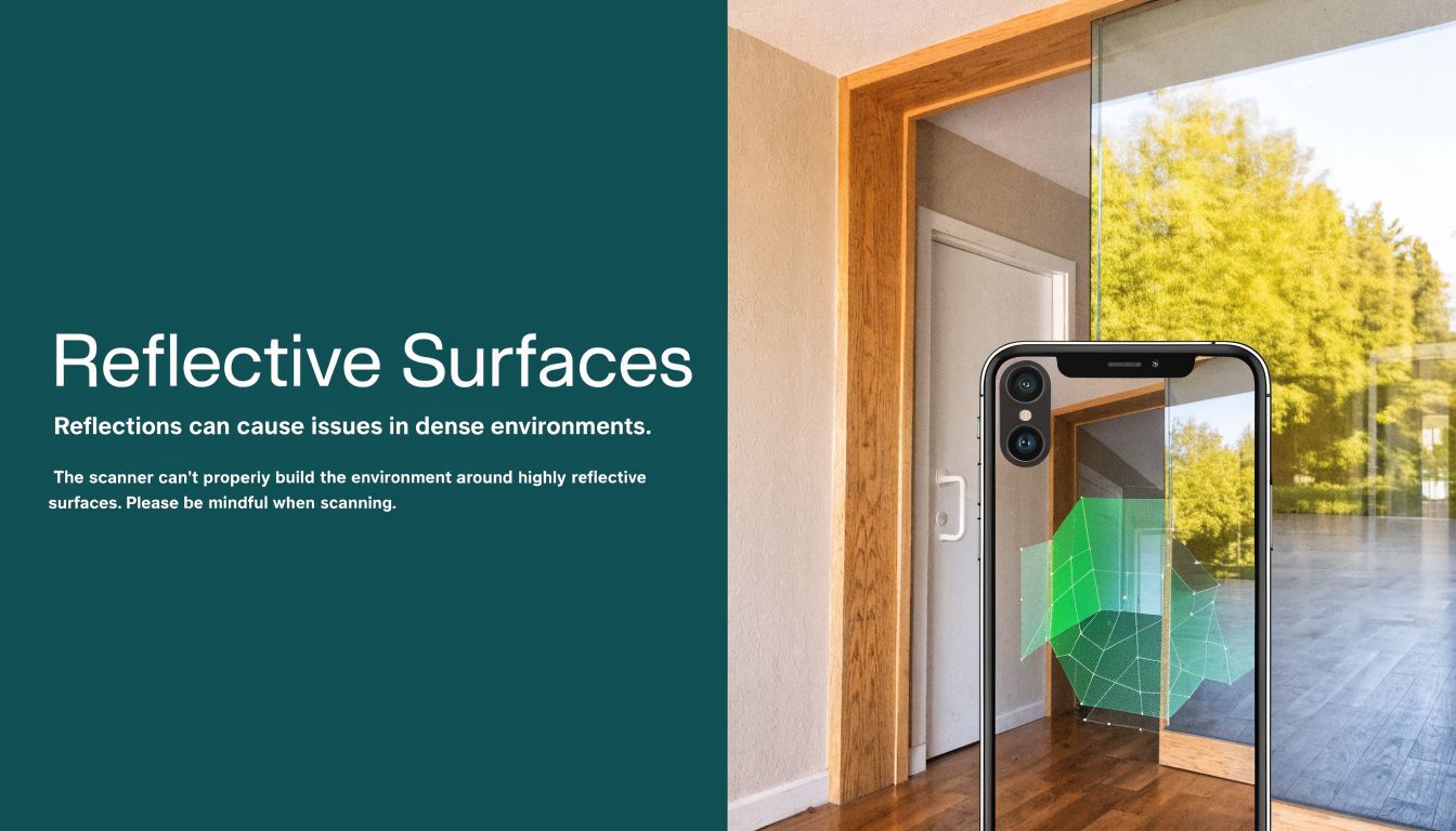 An educational graphic demonstrating how reflective glass surfaces can cause errors during 3D lidar scanning on iPhones.