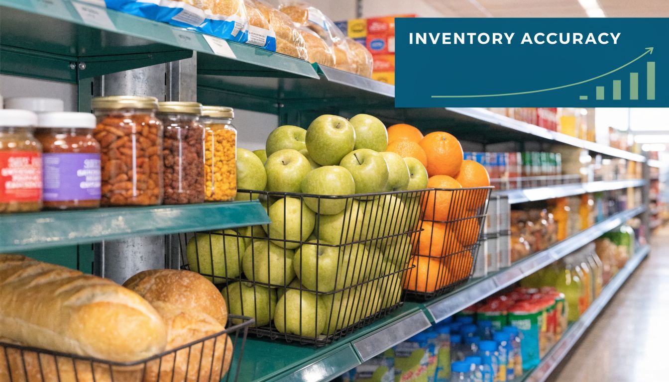 A store shelf stocked with fresh apples, oranges, bread, and glass jars of pantry goods.