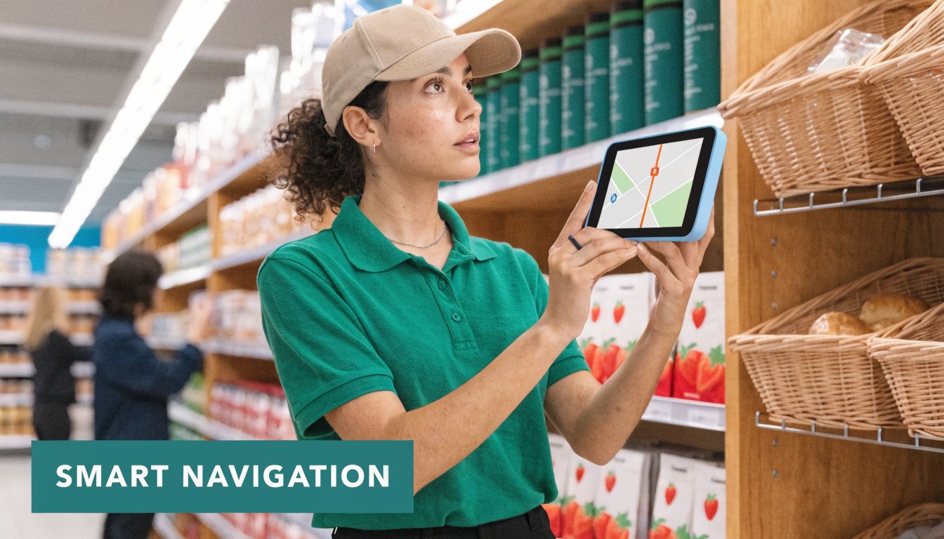 A store employee in a green polo shirt using a digital handheld device for store navigation.