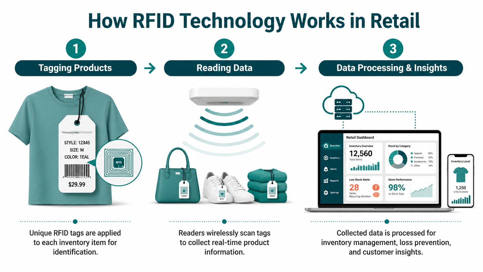 A three-step infographic explaining how RFID technology tracks retail inventory, from tagging products to data analysis.