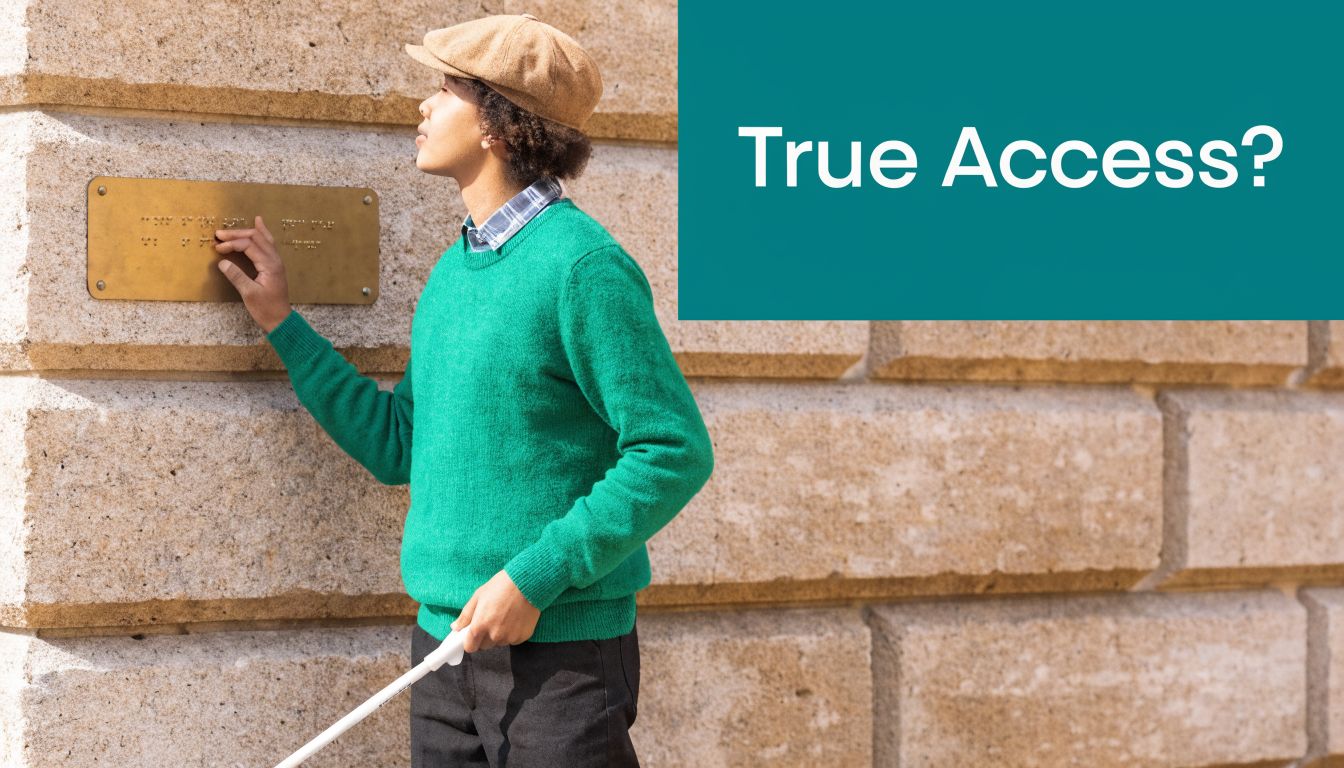 A young person with a white cane reading a braille plaque on a textured stone wall.