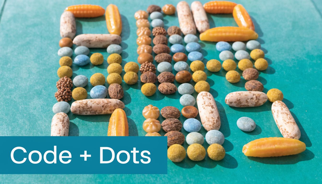 A creative arrangement of colorful candies and pills forming a pattern similar to a braille QR code.