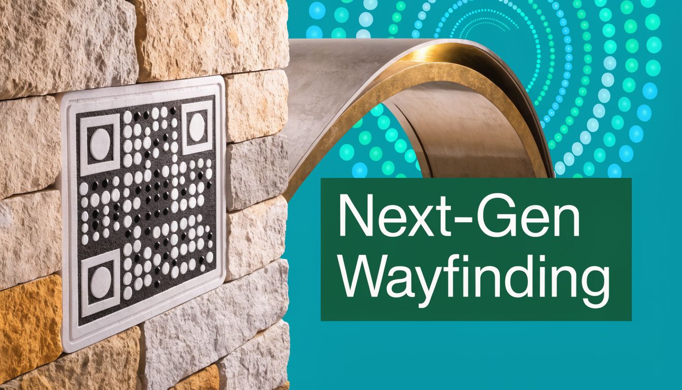 A textured wall with a 3D tactile QR code next to a sign labeled Next-Gen Wayfinding.