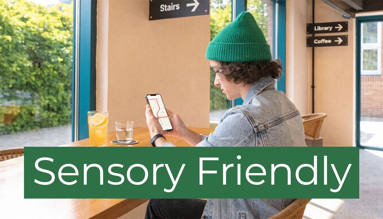 A person wearing a green beanie sitting at a wooden table and looking at a smartphone.