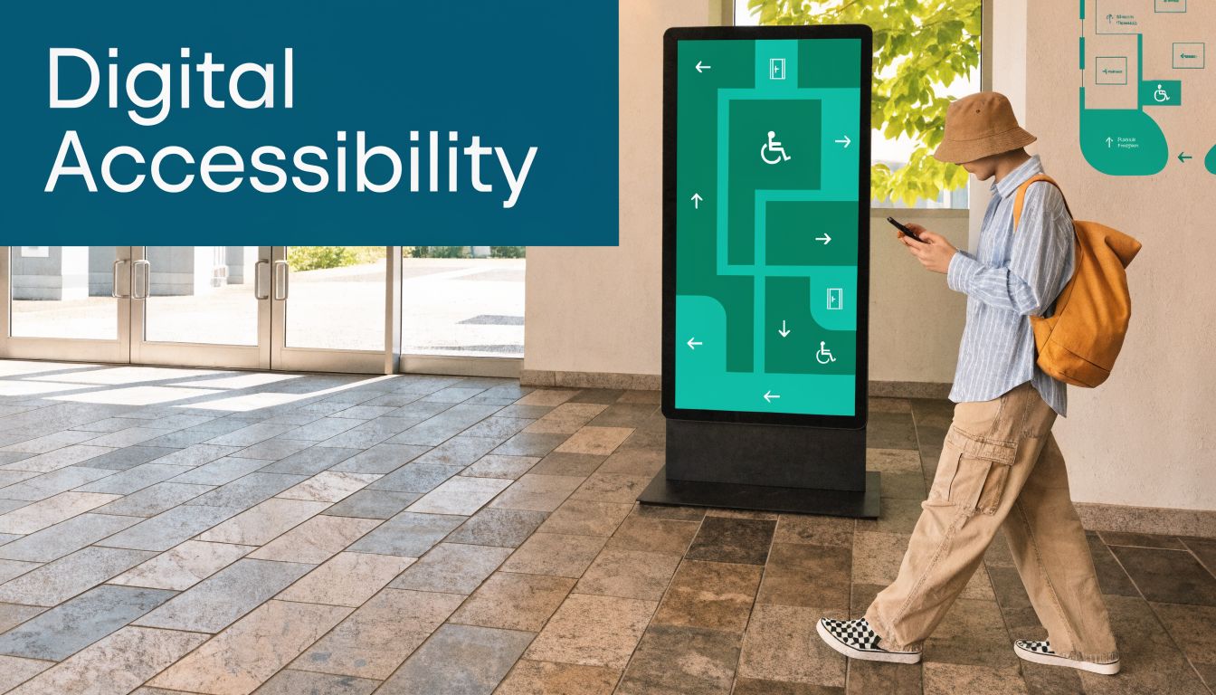 A person walks past a digital wayfinding kiosk in a building lobby, emphasizing inclusive digital accessibility signage.