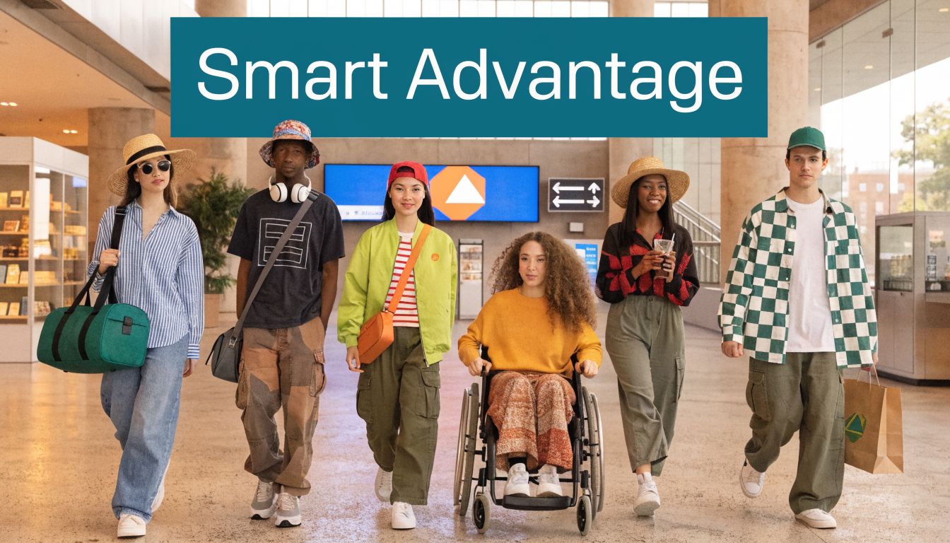 A diverse group of six young adults walking together through a bright, modern airport or shopping center terminal.