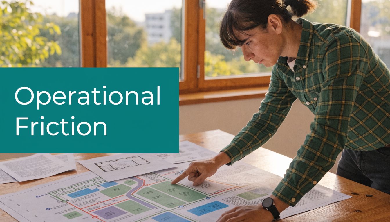 A professional analyzing a building floor plan on a wooden desk near a sunlit window.