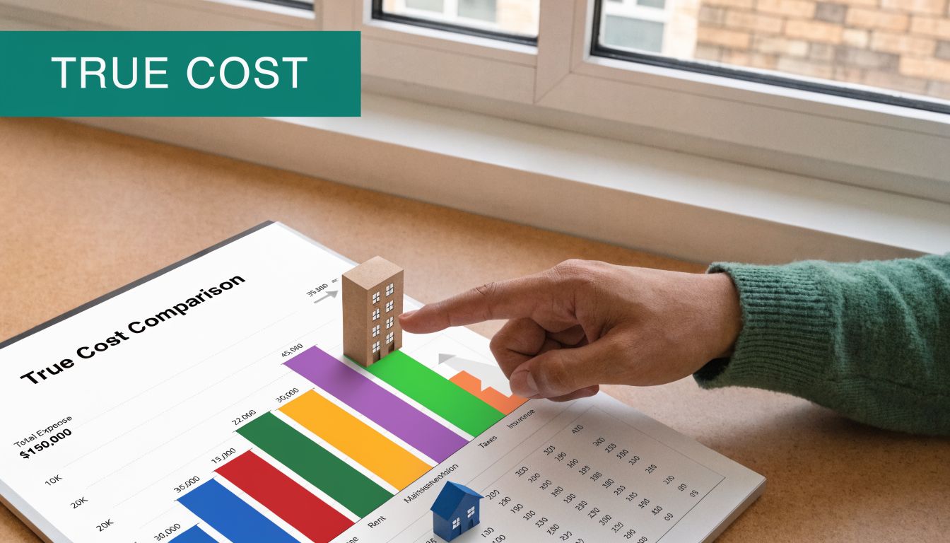 A hand points to a bar graph titled True Cost Comparison representing real estate financial expenses.