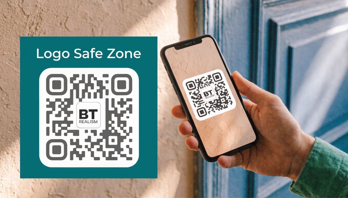 A hand holding a smartphone displaying a customized QR code with a central brand logo design.
