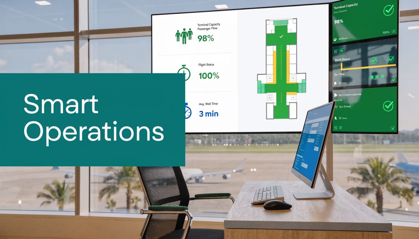 A modern airport office showing digital monitors displaying real-time passenger flow, flight status, and terminal capacity metrics.