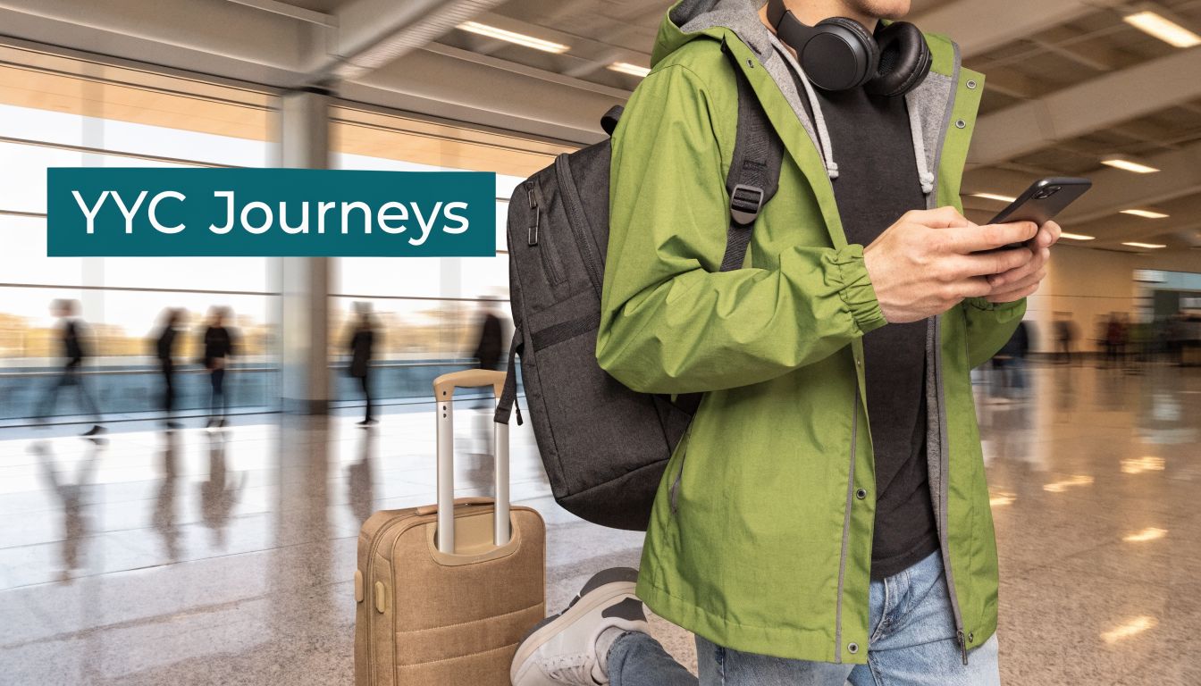 A traveler with a backpack and suitcase checking a smartphone in a modern airport terminal.
