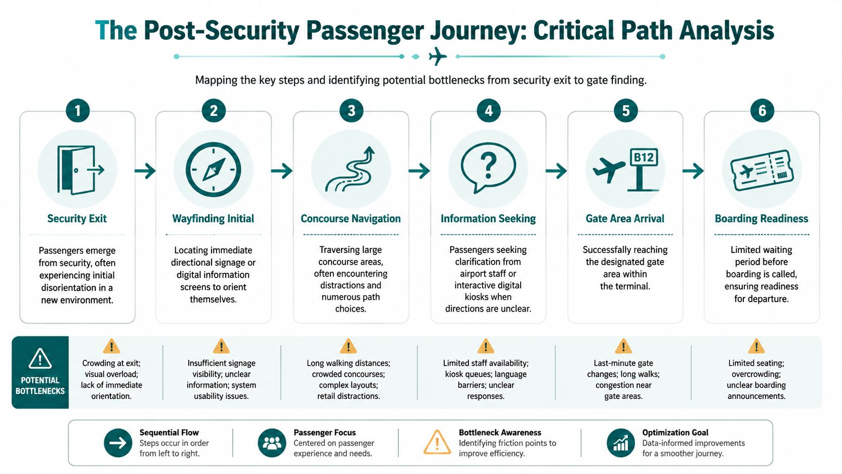 A flowchart infographic outlining the six stages of a passenger's journey through an airport after security.
