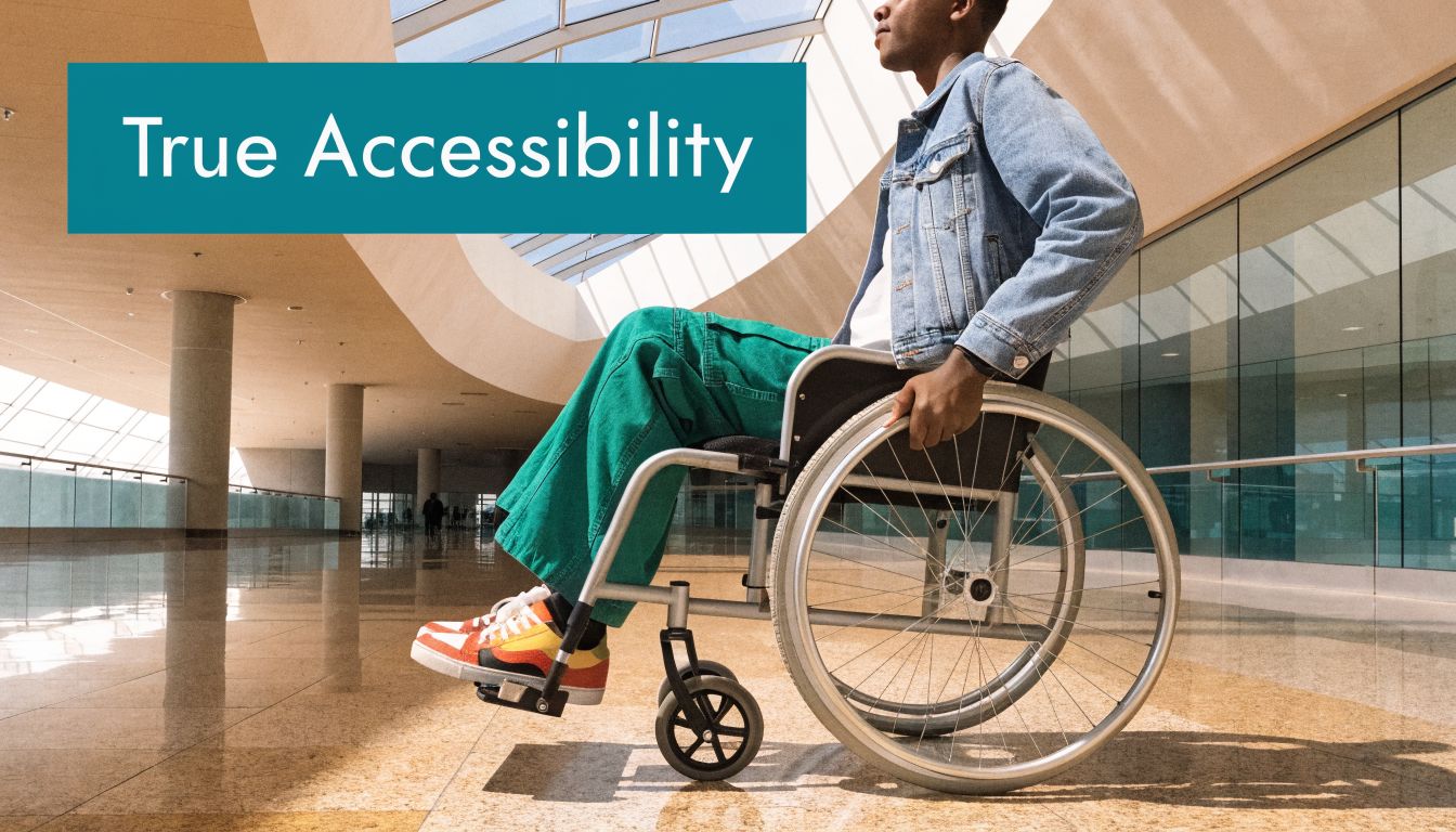 A person in a wheelchair navigating through a modern, spacious airport terminal with large glass windows.