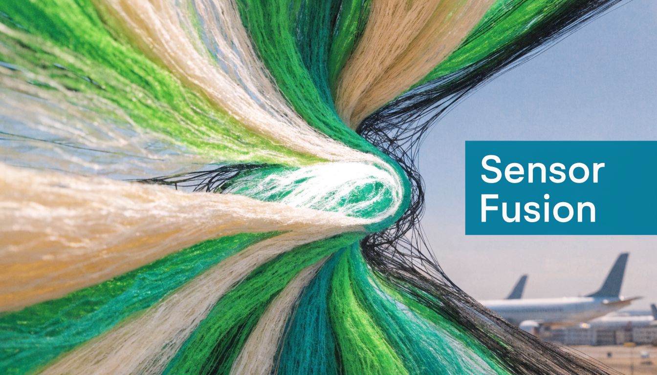 An abstract artistic representation of converging colorful fibers overlaid on a view of an airport tarmac.