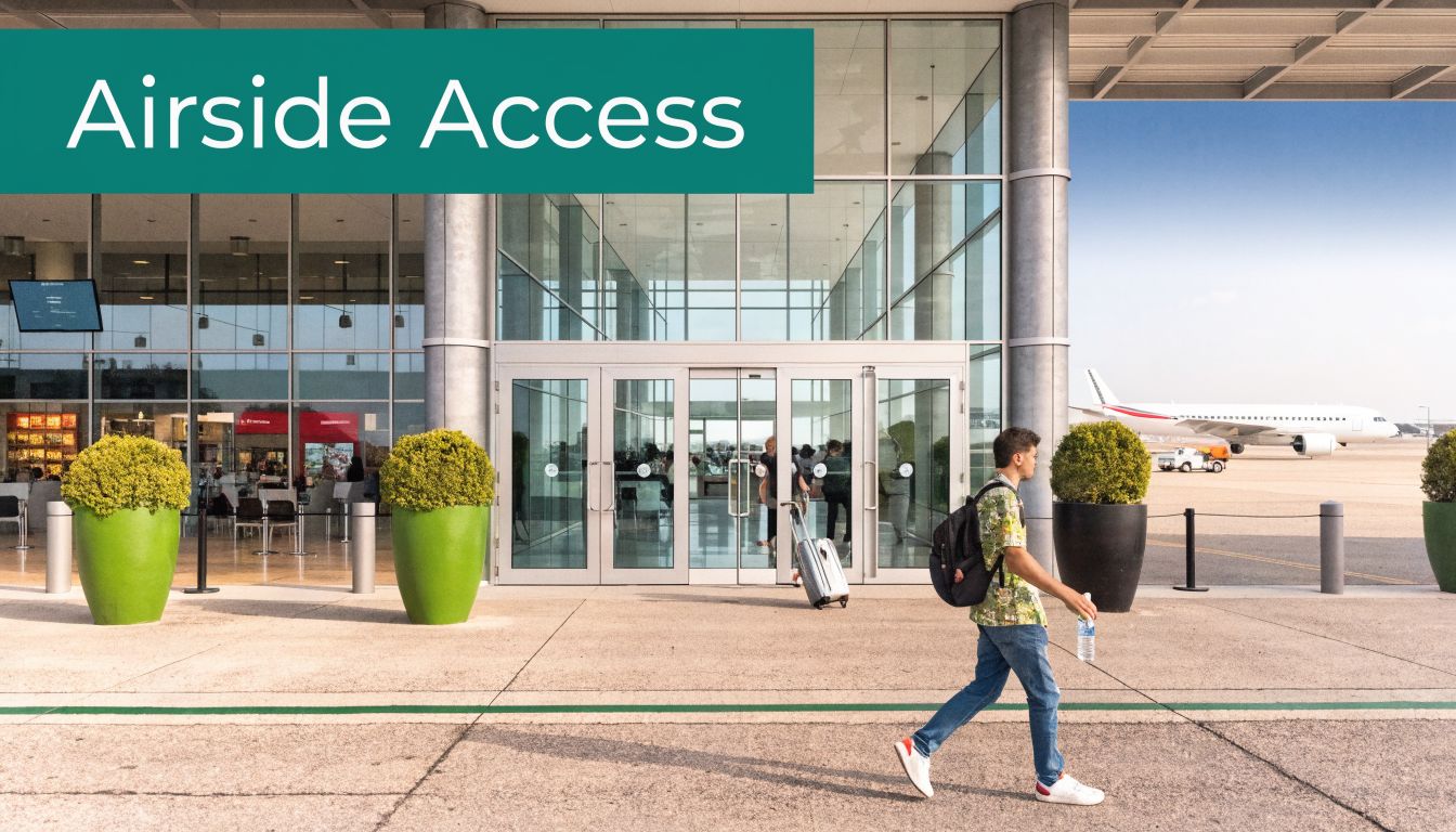 A traveler walking past the glass terminal entrance towards the tarmac at an airport airside area.