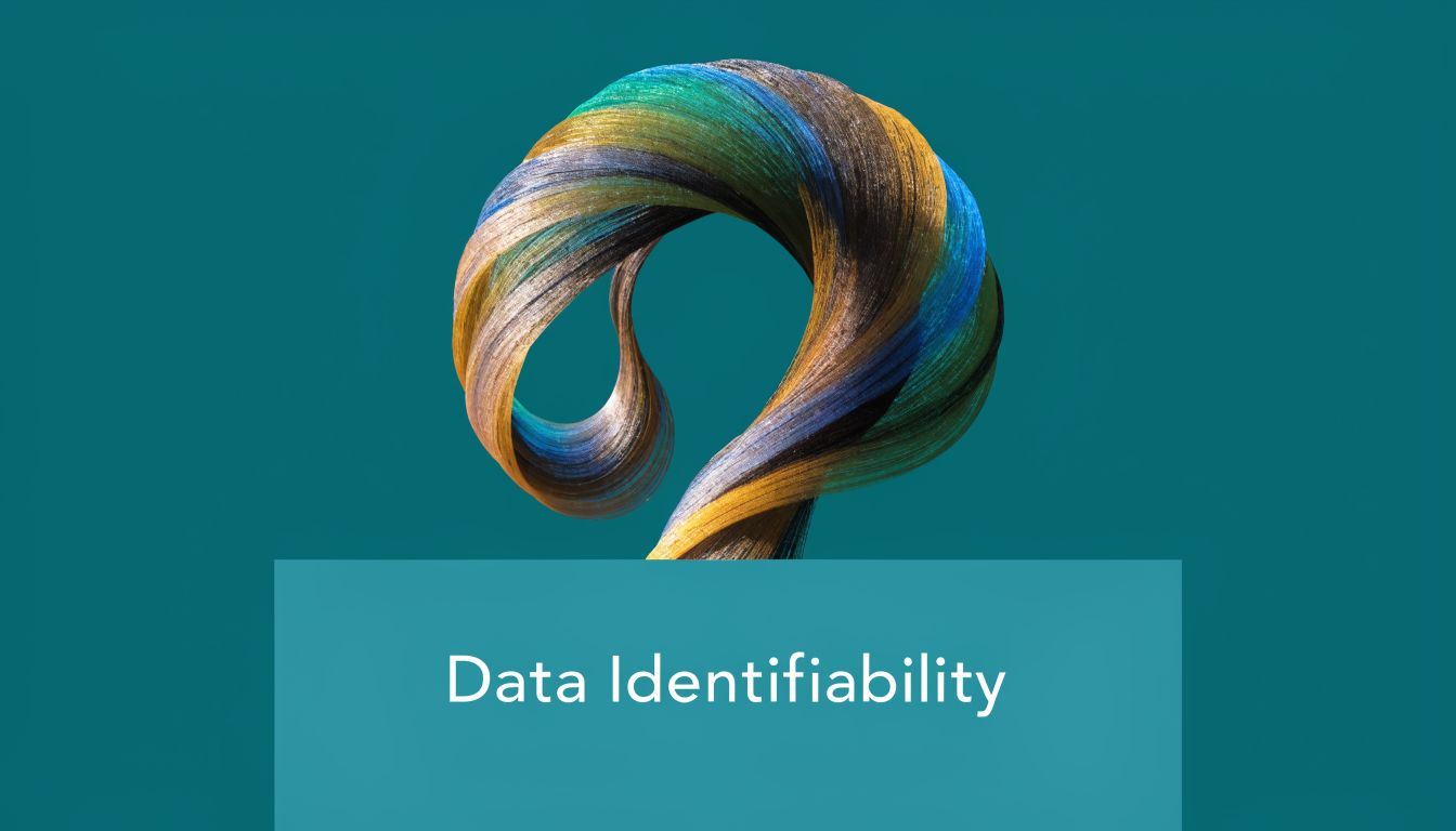 An abstract, spiraling ribbon sculpture on a teal background with the text Data Identifiability below.