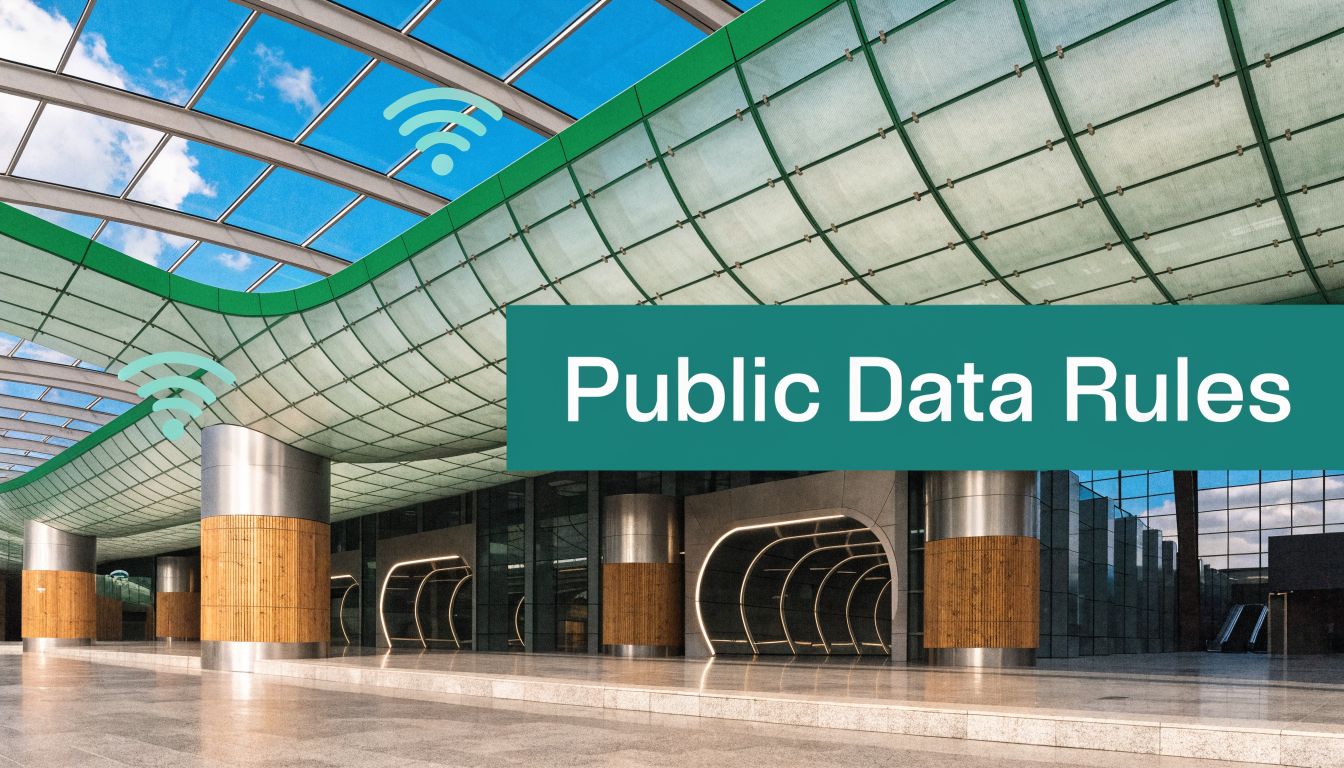 A large modern building with a glass roof, wifi symbols, and the text Public Data Rules overlaid.