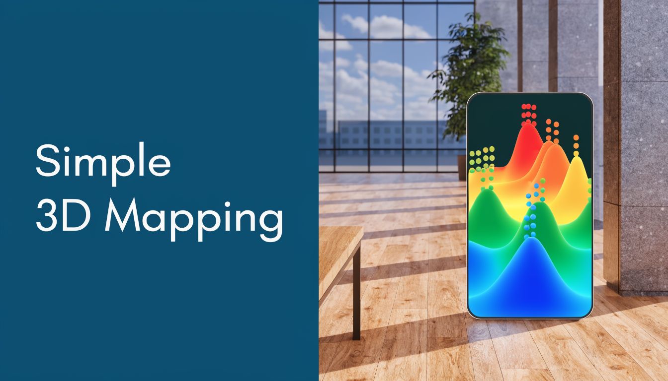 A digital screen displaying a colorful 3D heat map visualization standing on a wooden indoor floor.