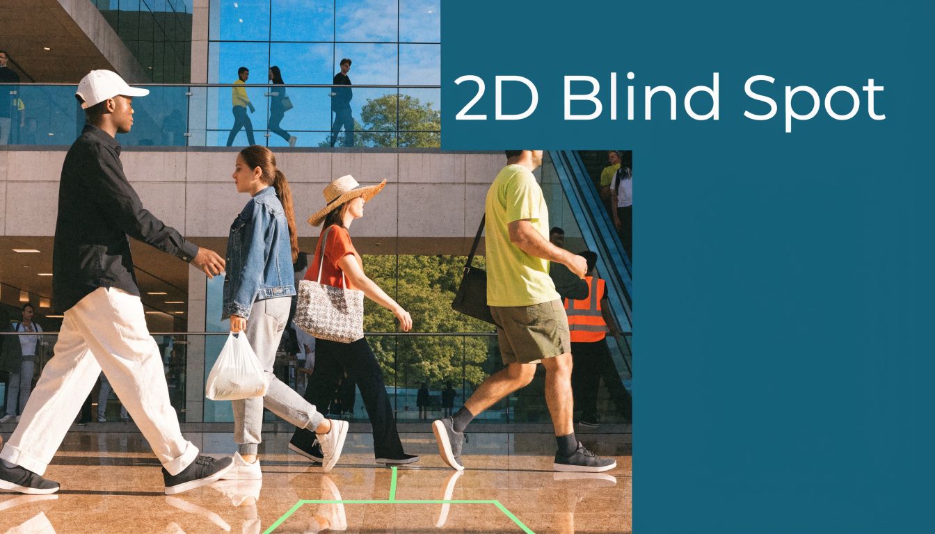 A diverse group of people walking in a modern outdoor commercial space with a 2D blind spot overlay.