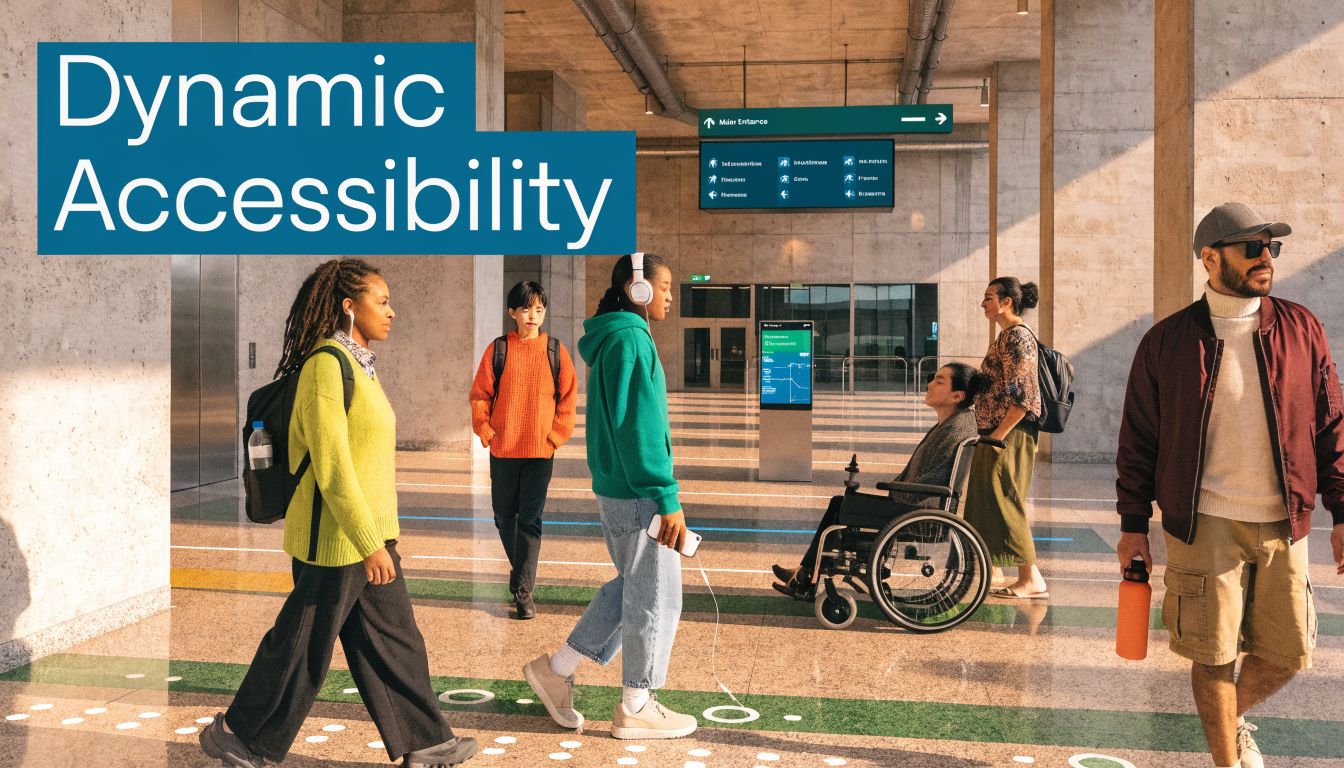 A diverse group of people walking through a modern transit hub with wayfinding floor markings.
