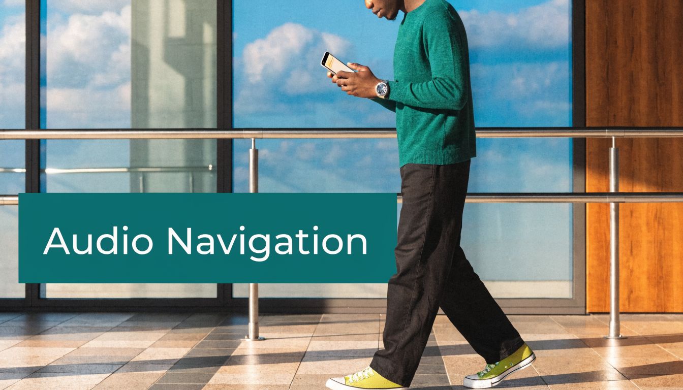 A person in a green sweater walks while holding a smartphone with an audio navigation screen displayed.