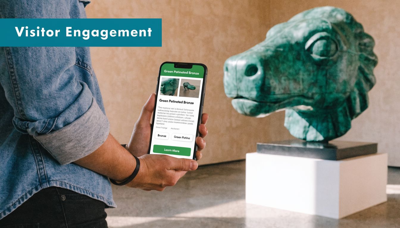 A person using an augmented reality smartphone app to view information about a bronze sculpture in museum.