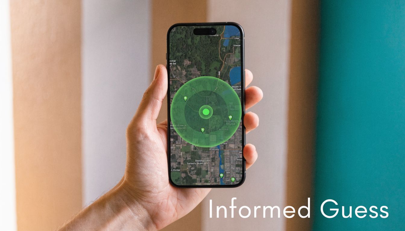 A person holding a smartphone displaying a map application with a prominent green circular search radius.