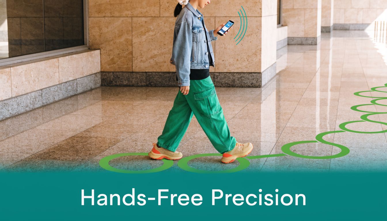 A person walks across a marble floor while checking their phone, representing hands-free navigation and precision.