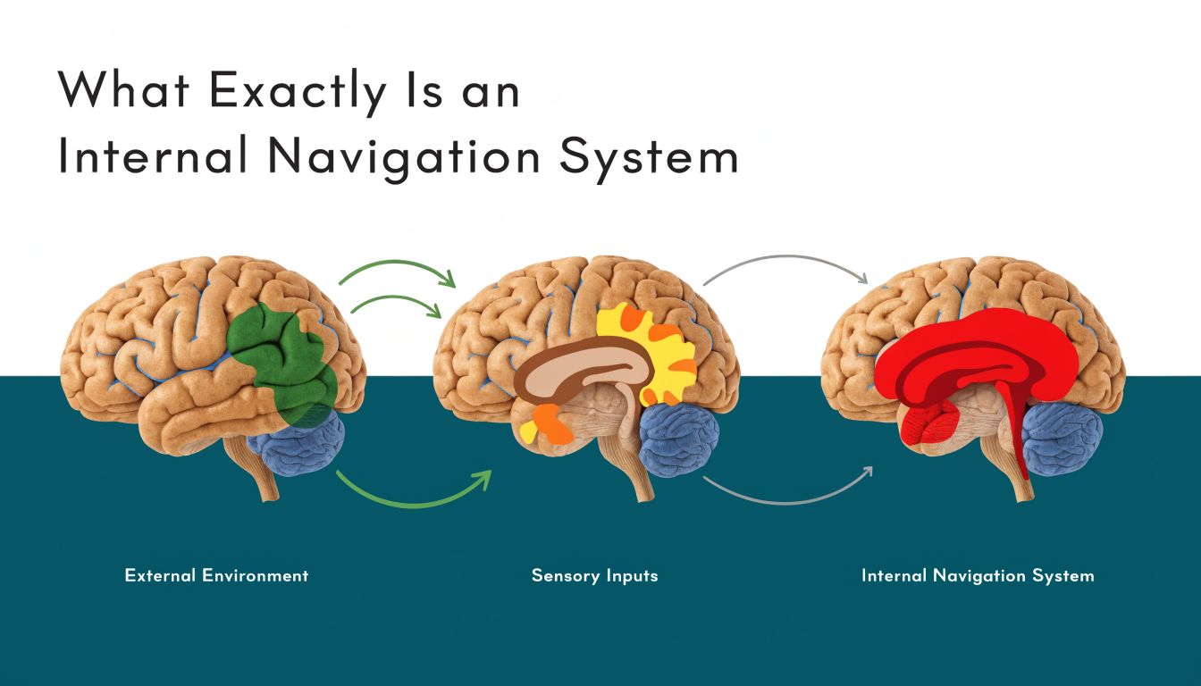 A diagram of three human brains illustrating the progression from external environment to sensory inputs and internal navigation.