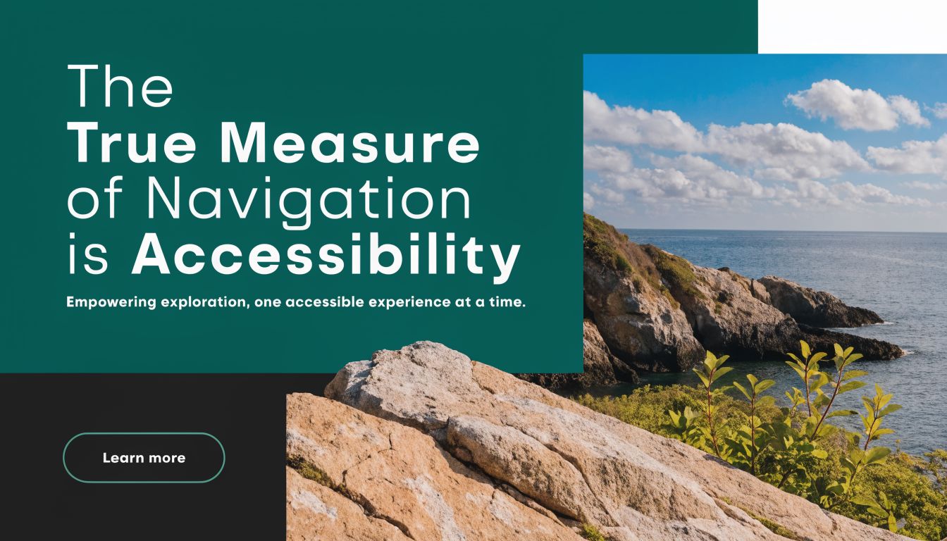 A graphic design featuring a rocky coastline and sea with the text: The True Measure of Navigation is Accessibility.
