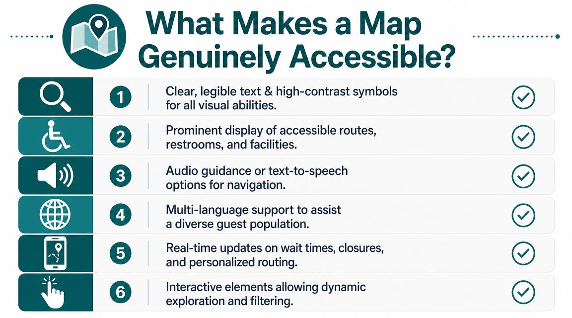 An infographic titled What Makes a Map Genuinely Accessible listing six key features for inclusive map design.