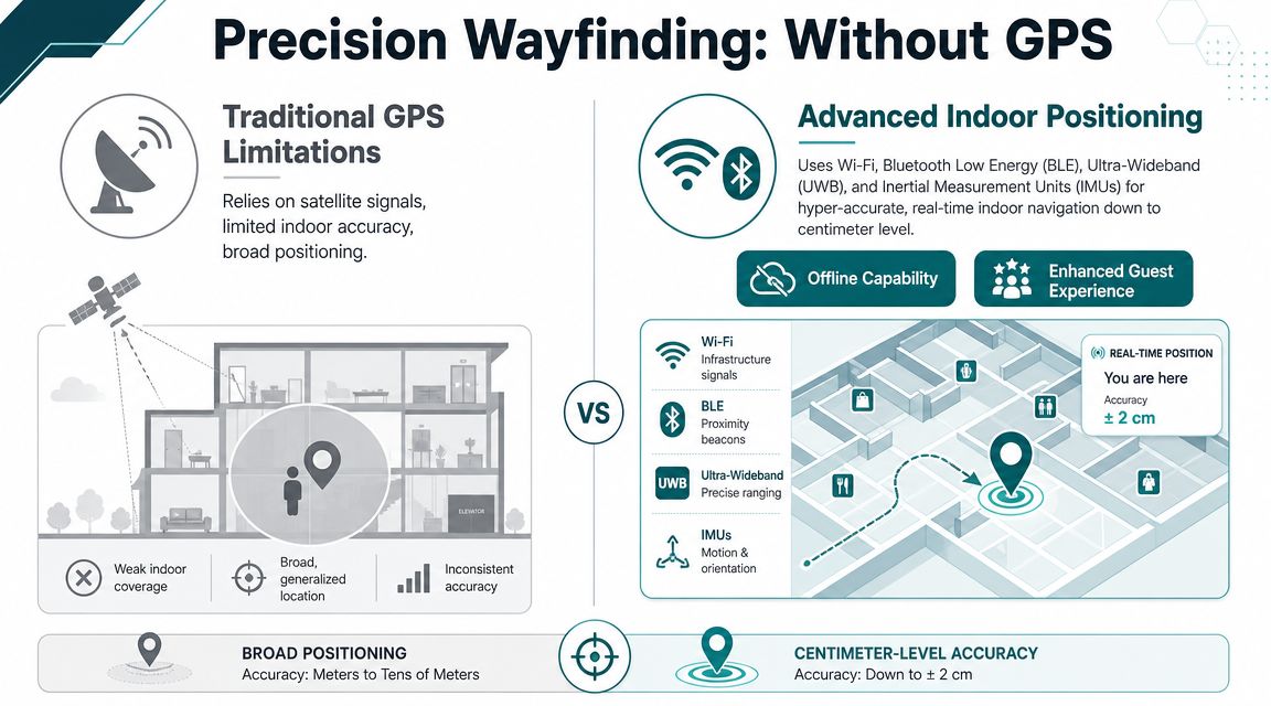A comparative infographic showing the limitations of GPS versus advanced indoor positioning technologies for precise navigation.