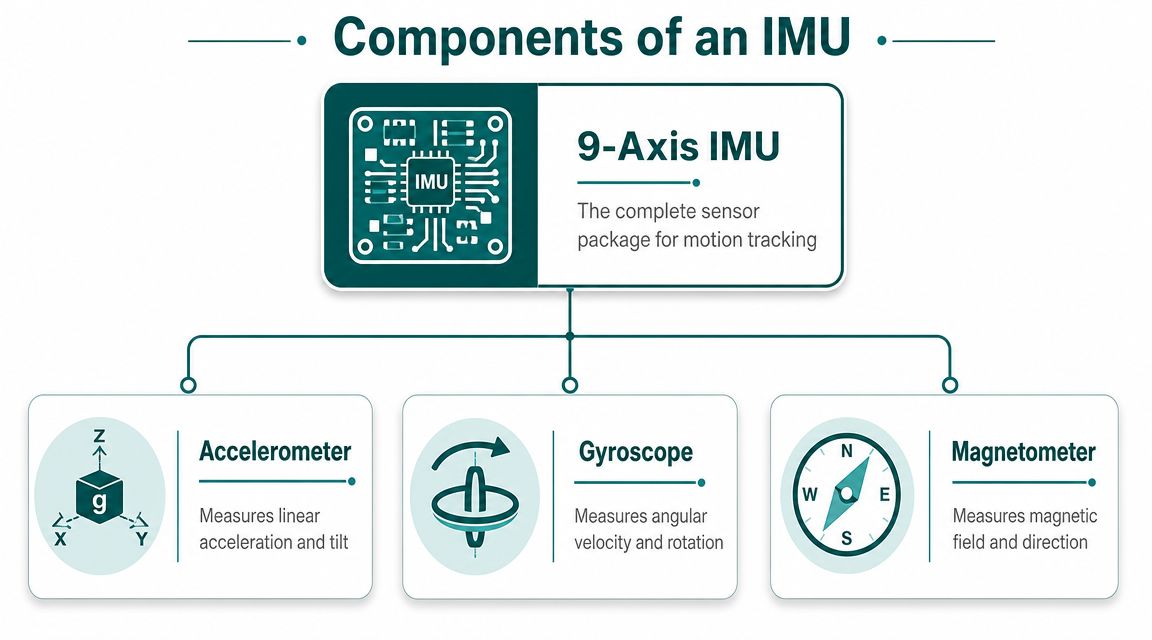 A diagram illustrating the three core sensors within a 9-axis Inertial Measurement Unit: accelerometer, gyroscope, and magnetometer.