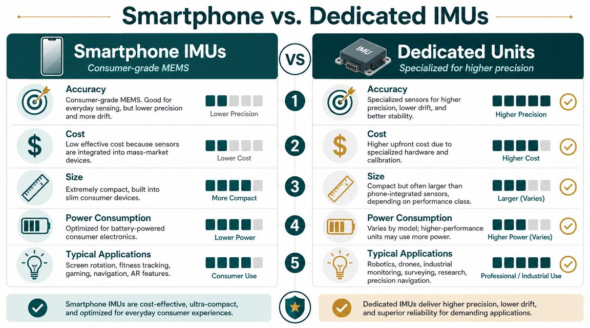 A comparison chart showing the differences between smartphone MEMS IMUs and professional dedicated inertial measurement units.