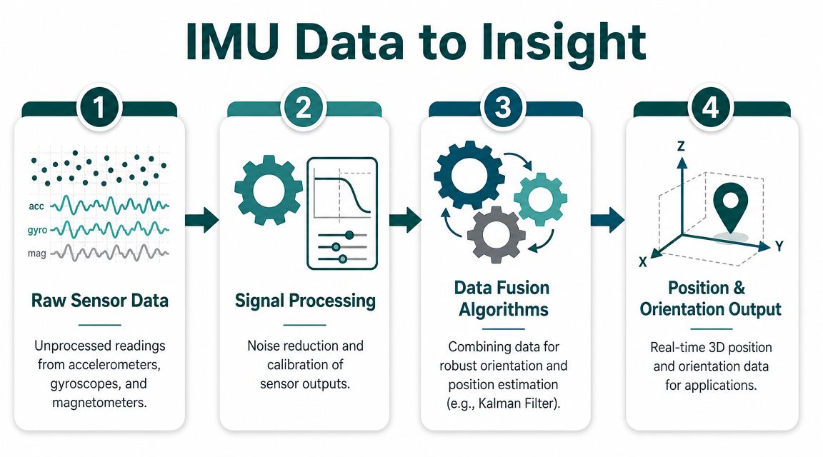 A four-step infographic illustrating the process of converting raw inertial measurement unit sensor data into orientation insights.