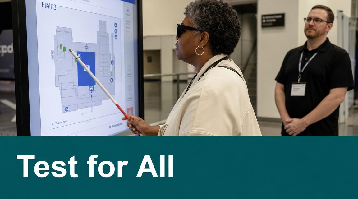 A woman using a white mobility cane to navigate a digital touchscreen map at a convention center.