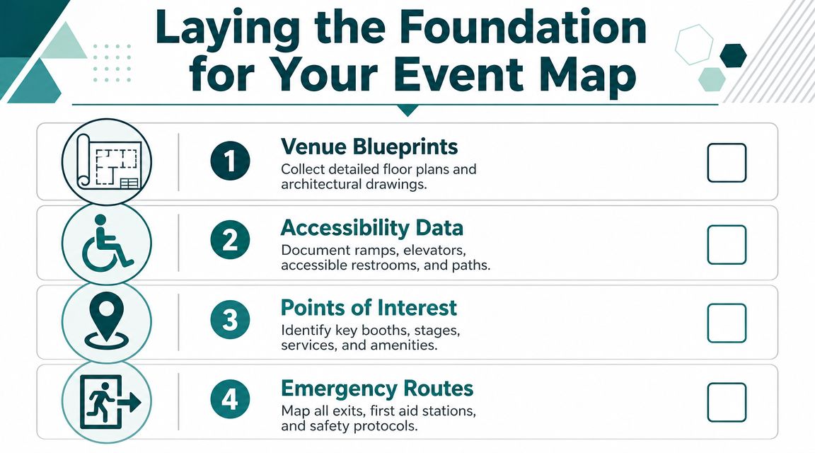 A checklist infographic titled Laying the Foundation for Your Event Map listing four essential planning steps.